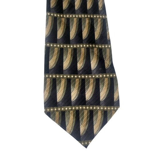 J Ferrar Mens Silk Tie Blue Tan Green Geometric Print - Picture 2 of 4